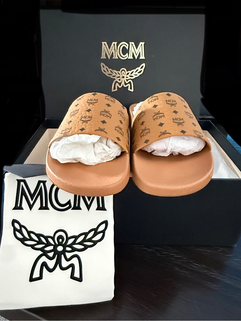 MCM Tan Monogram Slide Sandals